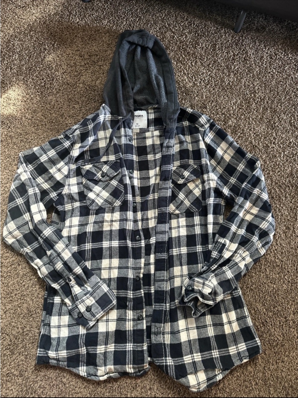 Sonoma Black and White Plaid Hooded Button-Down Shirt